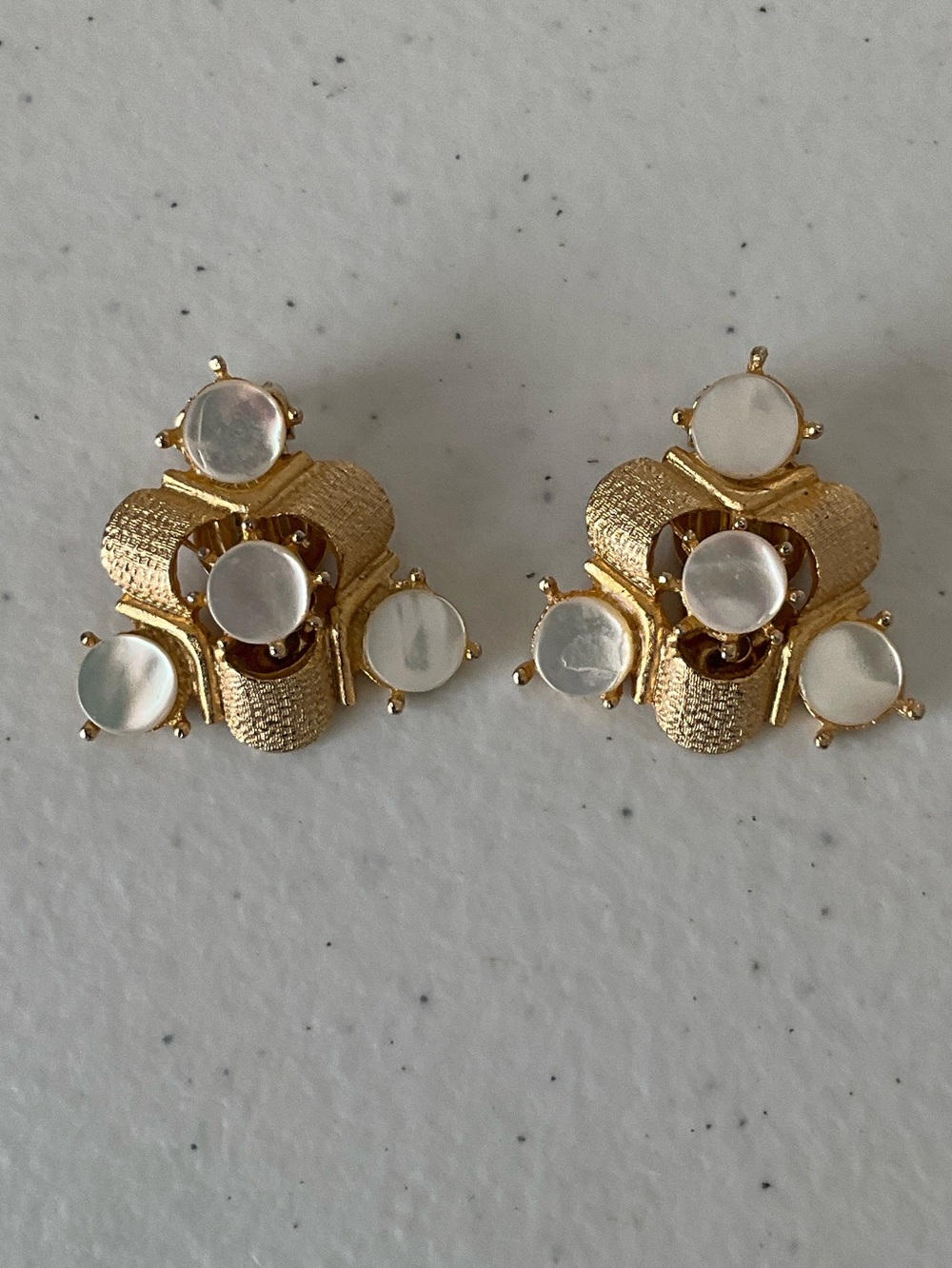 Vintage Gold Tone White Mother-of-Pearl Cluster Clip-On Earrings